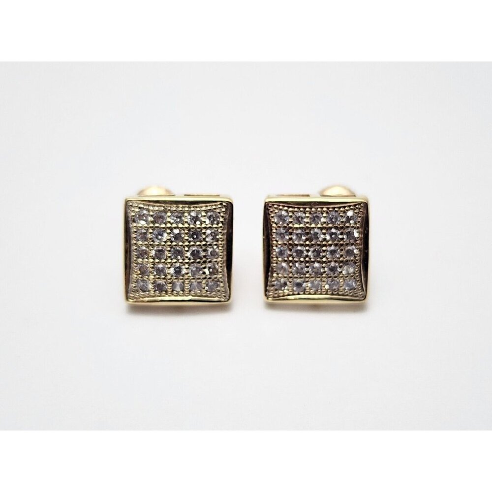 Beautiful 10K Karat Solid Yellow Gold Designer Square Shaped CZ Stud Earrings